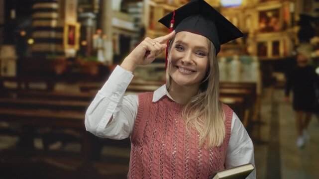 Woman smiling in graduation cap holding book in church setting, signifying academic achievement and contemplation.