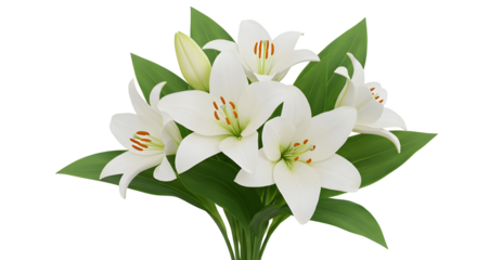 Beautiful white lily flowers bouquet with green leaves, isolated on a transparent background