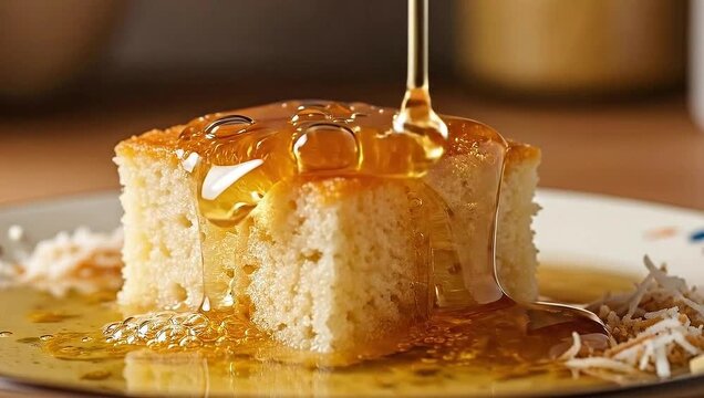 Close-up shot of a cake slice being drizzled with honey, with visible bubbles and a plate