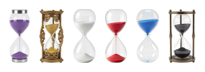 Hourglass set including modern and vintage designs with colorful sand isolated. Time management and decor collection.