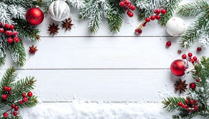 A white wooden table surface decorated with a Christmas border of snow-dusted pine branches, red berries, ornaments, and star anise, providing copy space for holiday greetings.