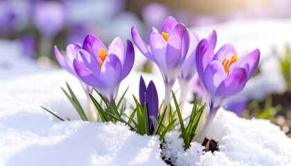 Vibrant purple crocus flowers with bright orange stamens pushing through and blooming in late winter or early spring snow, symbolizing hope and the arrival of spring.