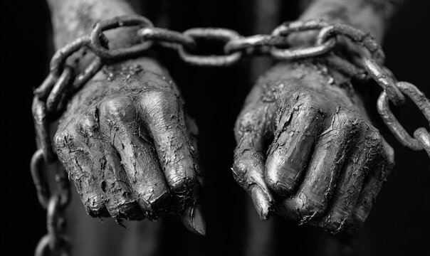 Close-up of chained, weathered hands in grayscale, evoking themes of captivity and hardship