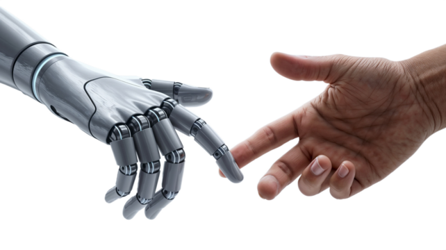 Human and Robotic Hand Connection Symbolizing AI, Technology, and Innovation Transparent Background PNG