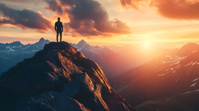 A lone hiker stands on a mountain peak, silhouetted against a vibrant sunset over a range of snow-capped mountains.