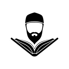Stylized illustration of a man with a beard and cap reading an open book