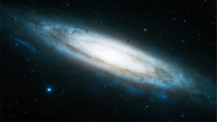 Spiral galaxy with bright core and swirling arms set against a star-filled dark sky