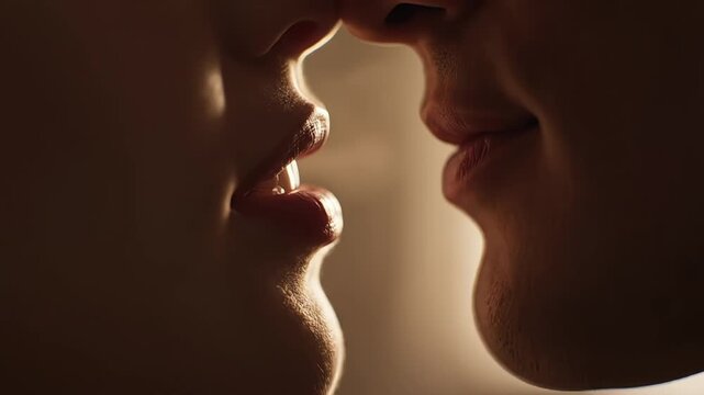 Intimate moment featuring two people kissing with soft lighting highlighting their lips
