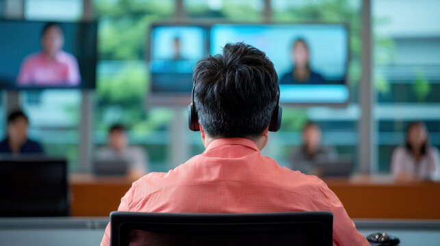 Front view of a call center agent wearing a headset, seated at a desk with multiple screens in the blurred background, conveying focus, service, and professionalism.