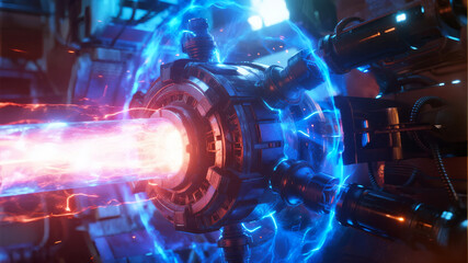 Advanced energy reactor emitting intense plasma beam with electric arcs and glowing components