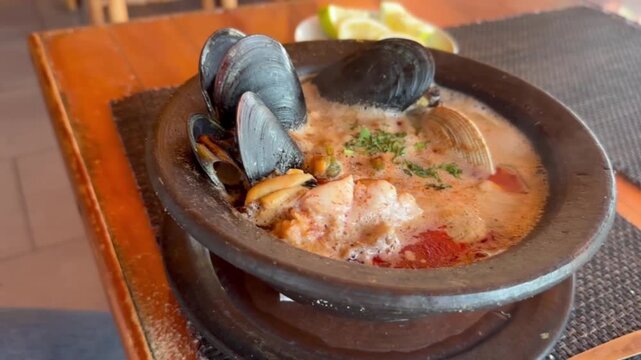 Un plato tradicional chileno llamado Paila Marina. Contiene una variedad de mariscos.