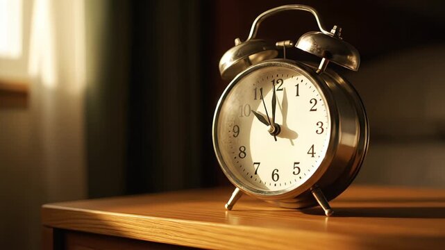 Classic twin bell alarm clock stands on wooden nightstand displaying eleven o'clock