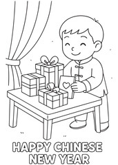 coloring book boy placing gifts on table chinese new year