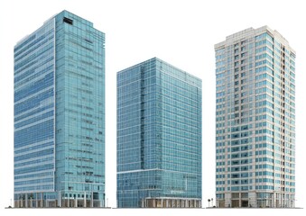 Obraz premium Three modern high-rise buildings with glass facades stand tall against a white background