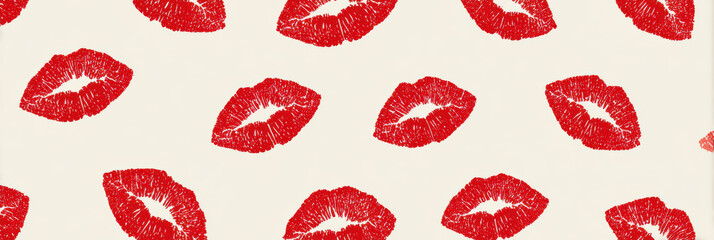 Romantic red lip kiss lipstick pattern expressing love and passion. This seamless background illustration symbol of desire and femininity