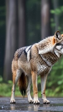 Coywolf standing in a forest looking alert in soft morning sunlight
