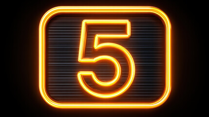Vibrant neon light of number five glows in orange. This retro sign and symbol for countdown on black background creates futuristic and energetic feeling
