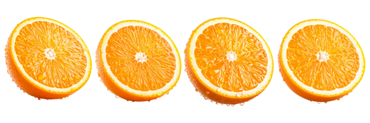 Four vibrant orange halves are arranged horizontally. Each segment reveals juicy pulps, with bright orange hues and lighter ridges within. A thin peel outlines each section
