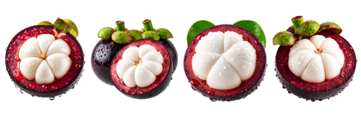 A close-up showcases four partially cut, exotic fruits, revealing the white segments of their juicy, floral-shaped interior. The dark purple rind is dotted with water droplets.