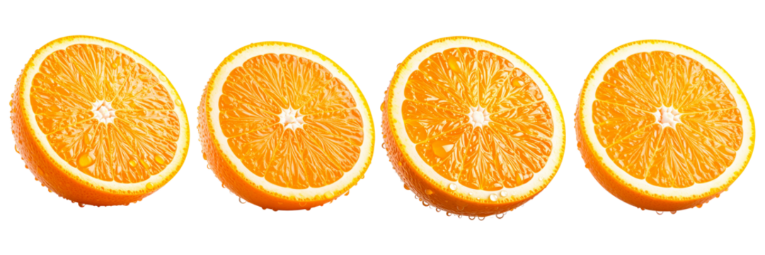 Four vibrant orange halves are arranged horizontally. Each segment reveals juicy pulps, with bright orange hues and lighter ridges within. A thin peel outlines each section