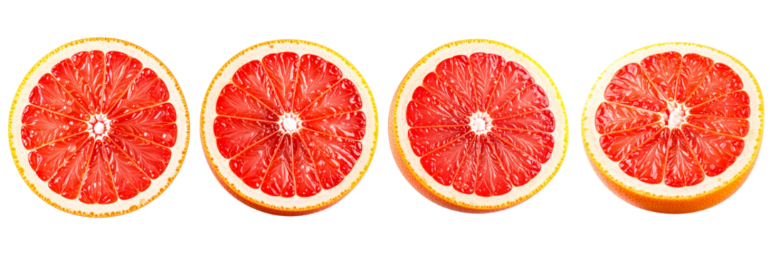 Four circular fruit slices, red flesh and light rind, are displayed on a black background. The sections reveal radiating segments around a central core. The vibrant color contrasts the dark backdrop