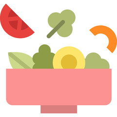 Flat Icon Illustration Of A Pink Bowl Filled With Fresh Salad Ingredients Including Lettuce Broccoli Avocado Tomato And Carrot On A Transparent Background