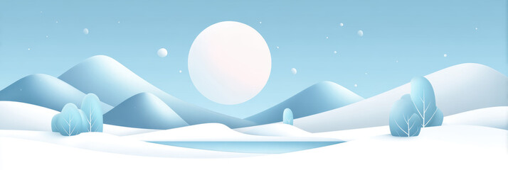 Calm and serene winter landscape illustration with snow covered mountain and blue sky background. soft light creates peaceful and tranquil scene for seasonal holiday design