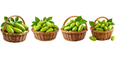 Four wicker baskets, each overflowing with green, elongated fruit, accented by fresh green leaves. The baskets sit against a stark black backdrop