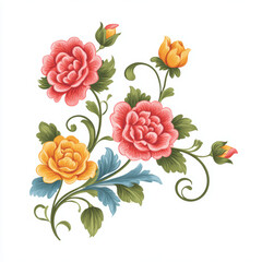 Beautiful vintage floral illustration of pink and yellow peony flower art. This decorative botanical design feels elegant and charming, with delicate leaf and vine on white background