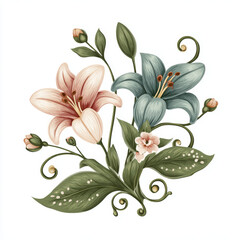 Romantic vintage floral illustration of beautiful lily flower bouquet. This delicate watercolor plant with pink and blue blossom shows elegant and classic botanical art