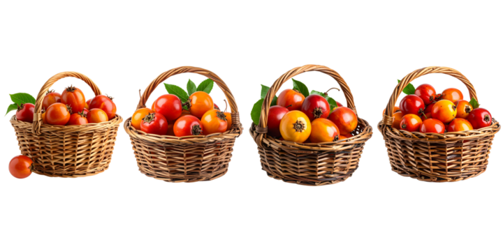 Four wicker baskets, each filled with vibrant red and orange fruit, are arranged in a row. Green leaves peek out. A black background emphasizes the harvest