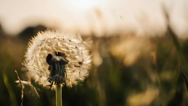 A beautiful and symbolic slow-motion video of dandelion seeds floating in the wind at sunset. Represents wishes, freedom, and the passing of time. Ideal for Mother's Day themes of letting go and growt