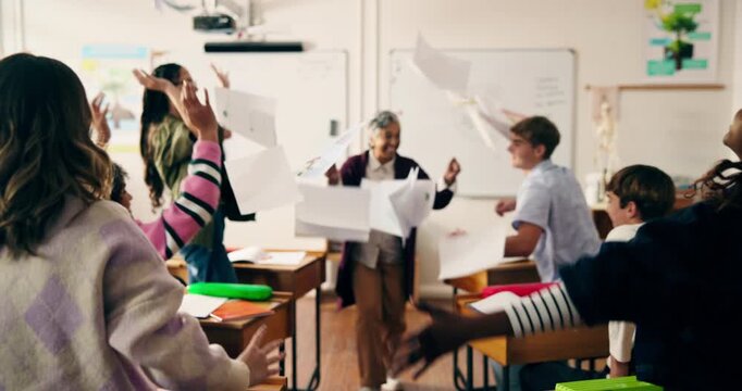 Teacher, woman and celebration with applause in classroom, achievement or smile for goals at school. Person, teenager and happy with learning, high five and throw paper for success with education