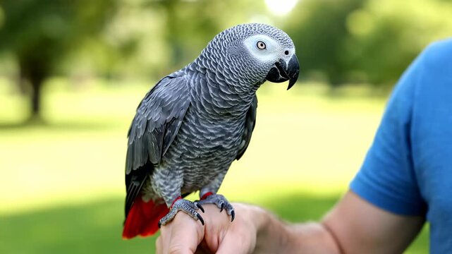 An African Grey Parrot Perched on a Persons Hand Outdoors.
