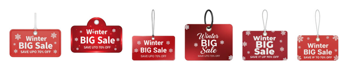 Red winter sale tags set including rectangular, rounded, and curved designs with strings and loops isolated. Seasonal promotional marketing elements.