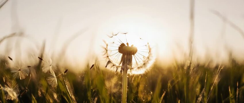 A beautiful and symbolic slow-motion video of dandelion seeds floating in the wind at sunset. Represents wishes, freedom, and the passing of time. Ideal for Mother's Day themes of letting go and growt