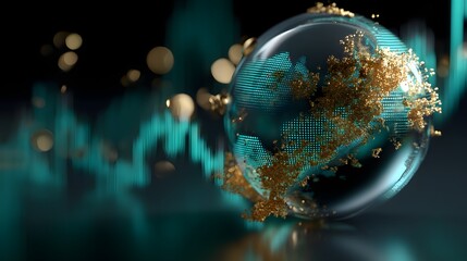 Fototapeta premium A futuristic digital hologram of a glowing stock market globe floating on a deep teal to royal-blue gradient, symbolizing confident investing, innovation, and prosperity.