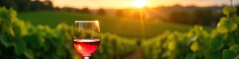 Sunset Serenity Wine Glass in Lush Vineyard, Tranquil Harvest Scene, Perfect Pairing of Wine and Nature
