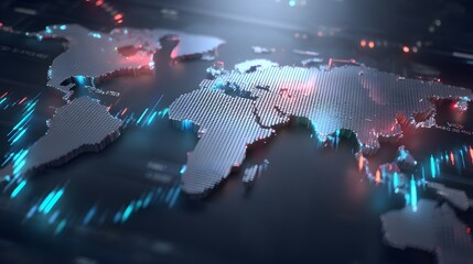 A futuristic holographic world map glowing with neon blue and green lights on a charcoal gradient, symbolizing digital finance, innovation, and global economic growth.