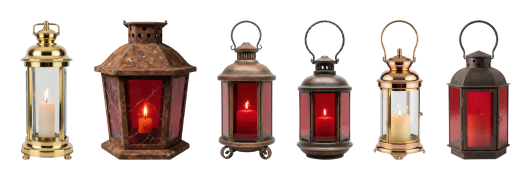 Lantern set including brass, bronze, copper, and rustic metal styles with clear and red glass, containing lit candles isolated. Decorative lighting elements.