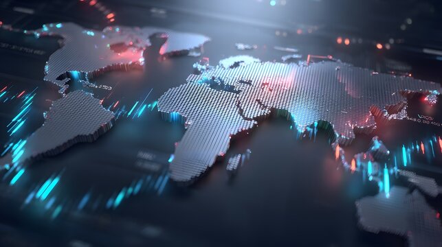 A futuristic holographic world map glowing with neon blue and green lights on a charcoal gradient, symbolizing digital finance, innovation, and global economic growth.