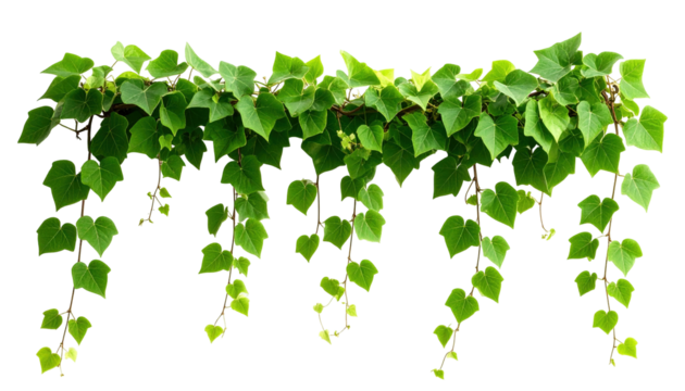 Lush green leafy vine arrangement. Leaves vary in size and shape, cascading down and along a horizontal stem. Deep green hue against a transparent background
