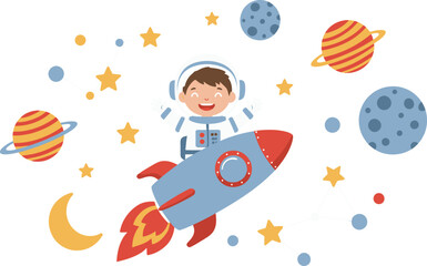 Cute Kid Astronaut Riding Space Rocket in Galaxy with Planets and Stars
