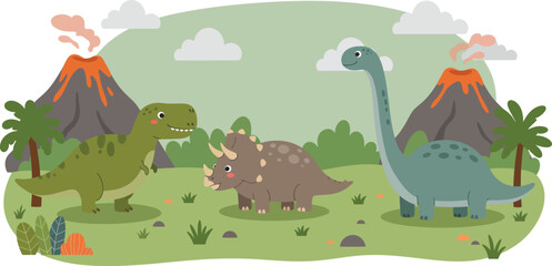 Triceratops and T-Rex Dinosaurs in Jungle Landscape Background for Kids
