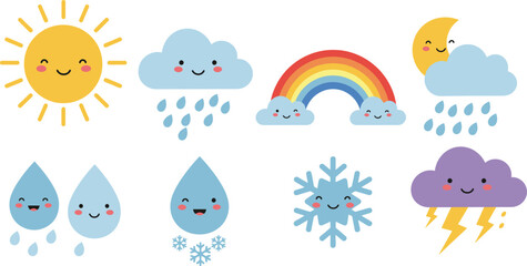 Cute Cartoon Weather Icons Set with Happy Clouds, Rainbow, Rain, Snowflake, and Water Drop
