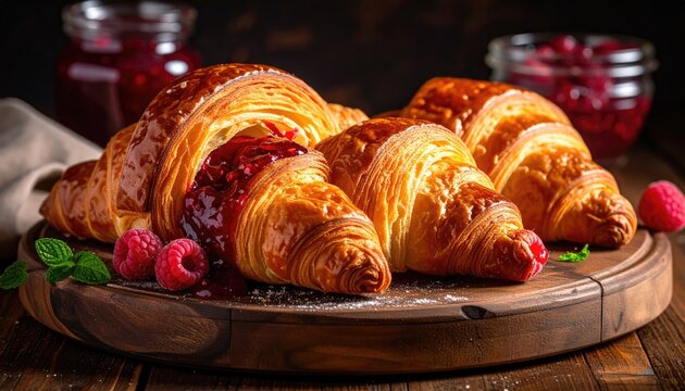 Golden Croissants with Raspberry Jam on Wooden Board