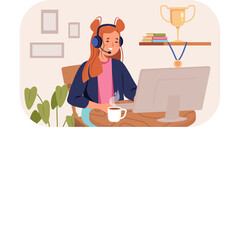 Creative Worker Wearing Headset Sitting at Desk Holding Coffee Cup Working on Computer with Trophy on Shelf Above