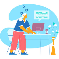 Creative Worker Focused on Computer Screen Working on Project at Desk With Plant and Coffee Cup In Office Environment