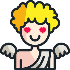 Cupid with curly blonde hair and pink skin wearing a white sash with hearts for eyes a symbol of love and romance against a transparent background