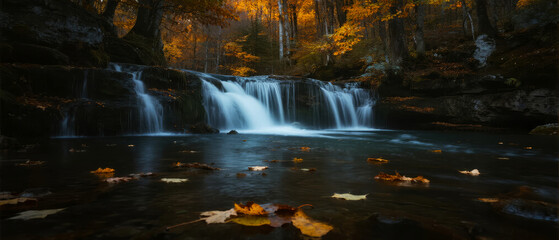 Autumn waterfall cascading into a calm pool surrounded by golden foliage and fallen leaves